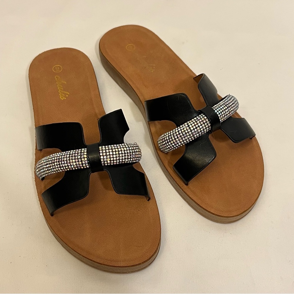 NEW Chulis Women’s 9 Rhinestone & Black Sandals w/ Light Brown Polyurethane Soul